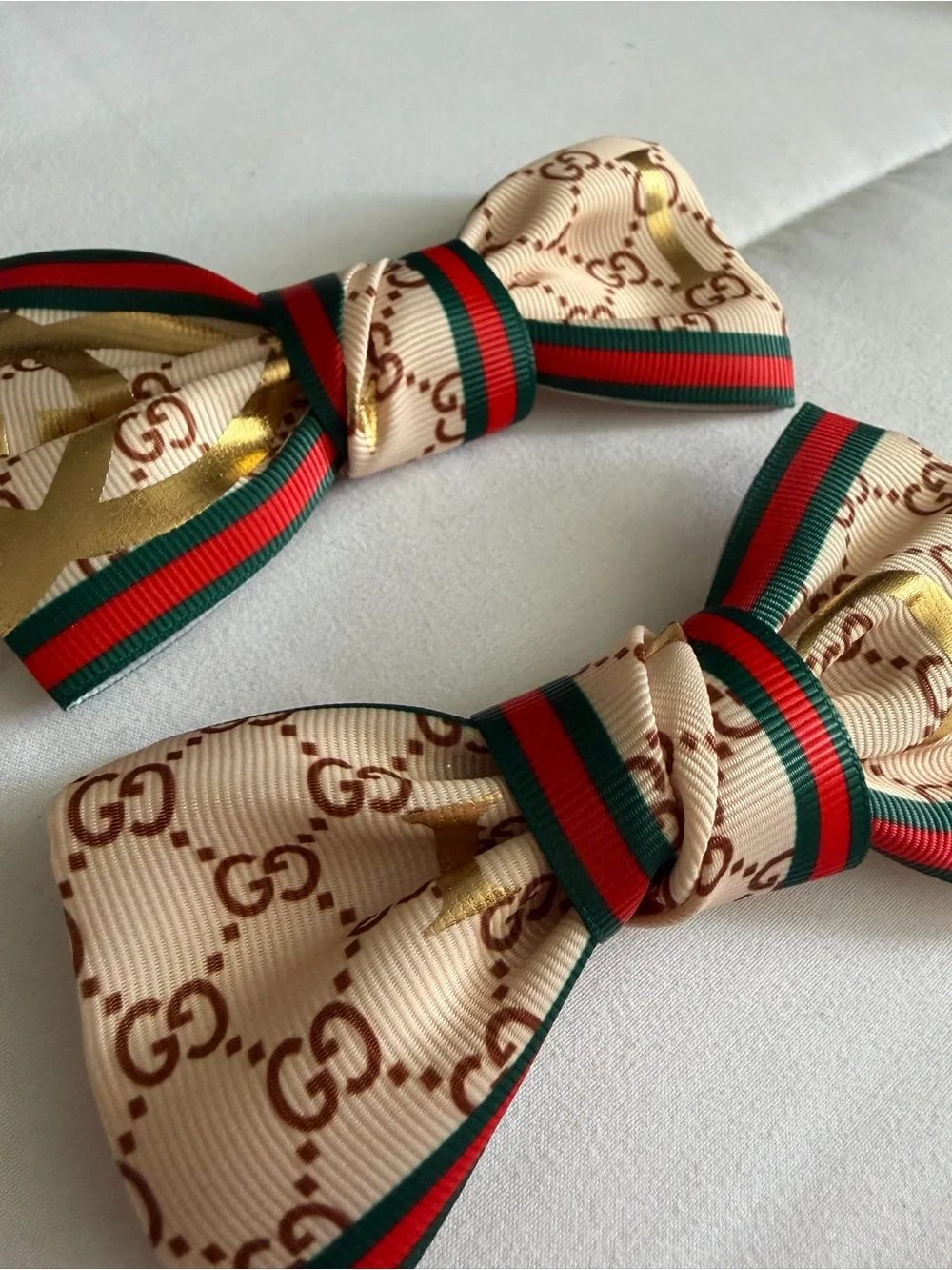 Designer-Inspired Beige Bow Hair Clips with Red & Green Trim